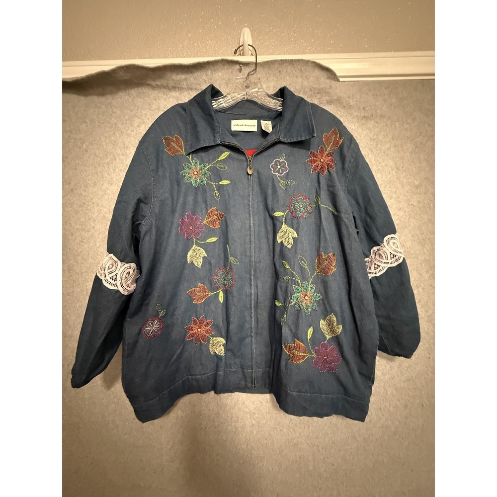 Alfred Dunner‎ Jacket Womens 16 Blue Denim Embroidered Floral Lace Zip Lined